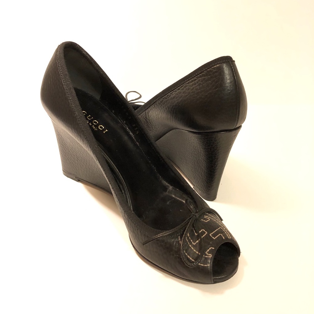 Gucci Leather Peep Toe Stiletto Wedge Pumps, 37.5
